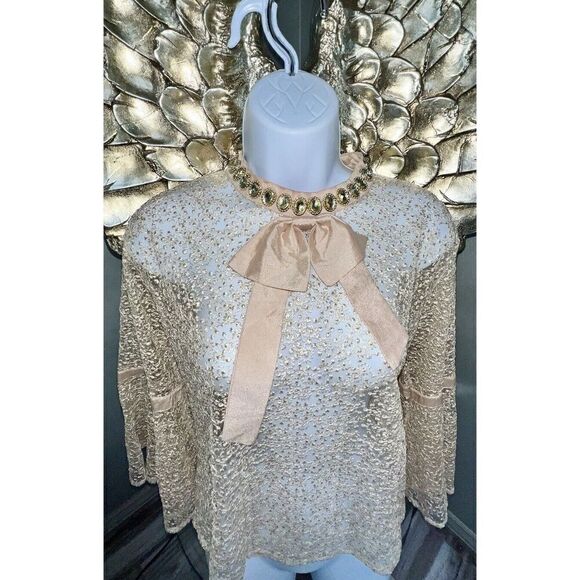 N by Nancy Women's Fishnet Sheer Lace  Champagne Collar Crystals, Size XL - Picture 5 of 16